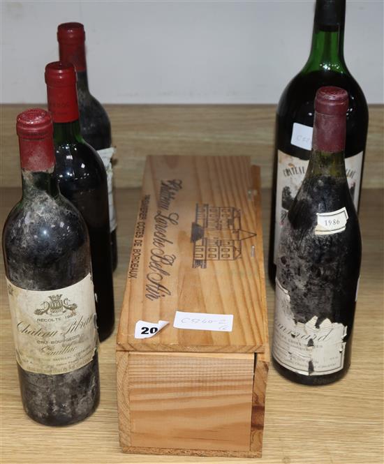 One Chateau Bel Air 1986 (magnum), one Chateau Pique Caillou, 1981 (magnum), one Chateau Pibrau 1985, One Pommard 1986,